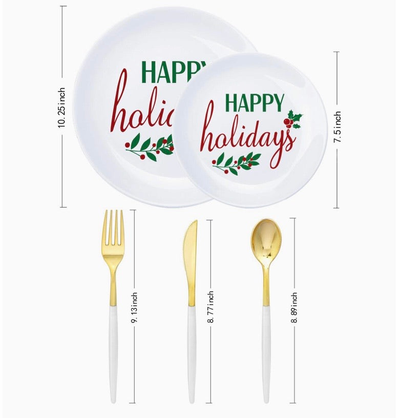 150pcs Plastic Party Dinnerware Set, Happy Holiday Plates，Plastic Plates with Christmas Design，Gold Cutlery with White handle，Supernal