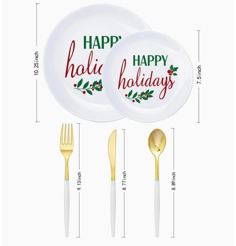 150pcs Plastic Party Dinnerware Set, Happy Holiday Plates，Plastic Plates with Christmas Design，Gold Cutlery with White handle，Supernal