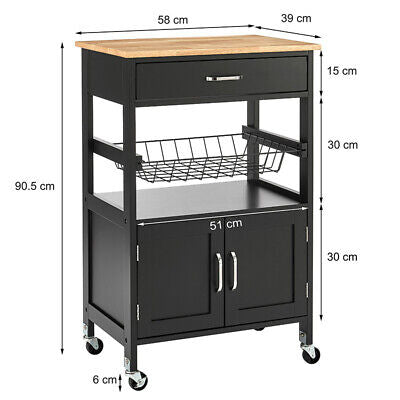 Black Rolling Kitchen Storage Trolley with Drawer & Basket