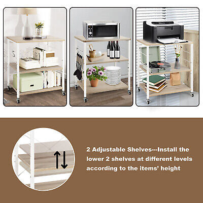 3-Tier Rolling Kitchen Storage Trolley with Hooks