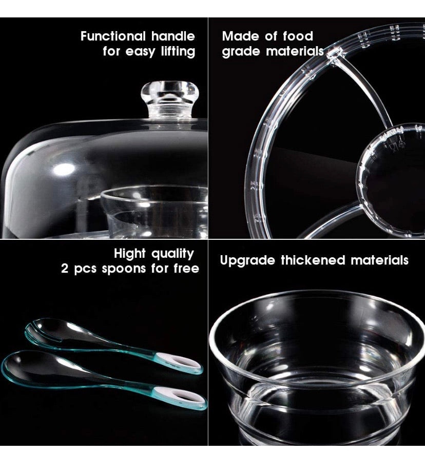 Cake Stand 6-in-1 Multifunctional Serving Platter with Domed Cover and 2Pcs Spoons - Use as Salad Bowl/Veggie Platter/Punch Bowl/Desert Platter/Nachos & Salsa Plate