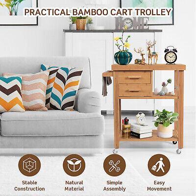 Bamboo Rolling Kitchen Island with 2 Drawers