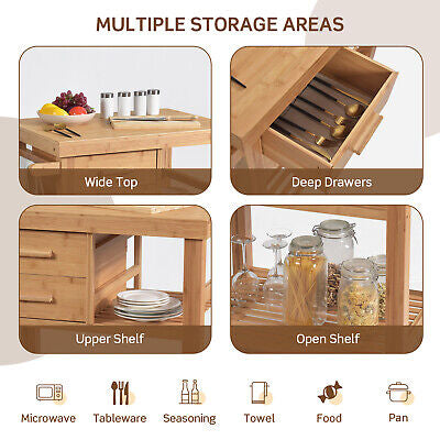 Bamboo Rolling Kitchen Island with 2 Drawers