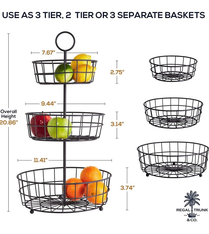 3 Tier Fruit Basket - Fresh Country Wire Basket by Regal Trunk & Co. | Three Tier Fruit Basket Stand for Storing & Organizing Vegetables, Eggs, and More | Fruit Basket for Counter or Hanging (3 Tier)