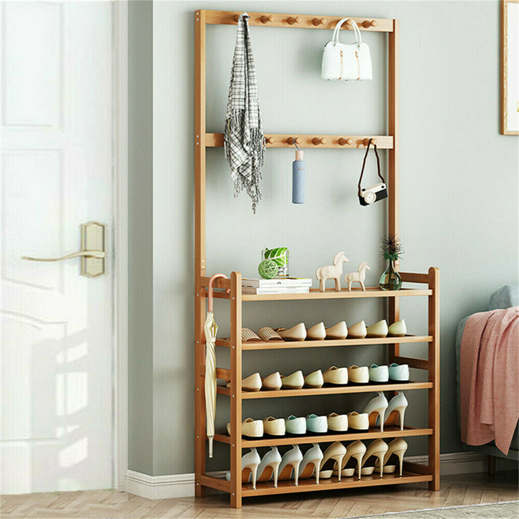 5-Tier Bamboo & MDF Hall Tree with 8 Hooks – 12–14 Pairs