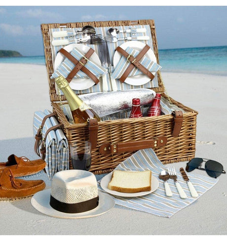 Picnic Basket Set for 4 Persons | Large Willow Hamper with Large Insulated Cooler Compartment, Free Waterproof Blanket and Cutlery Service Kit-Classical Brown
