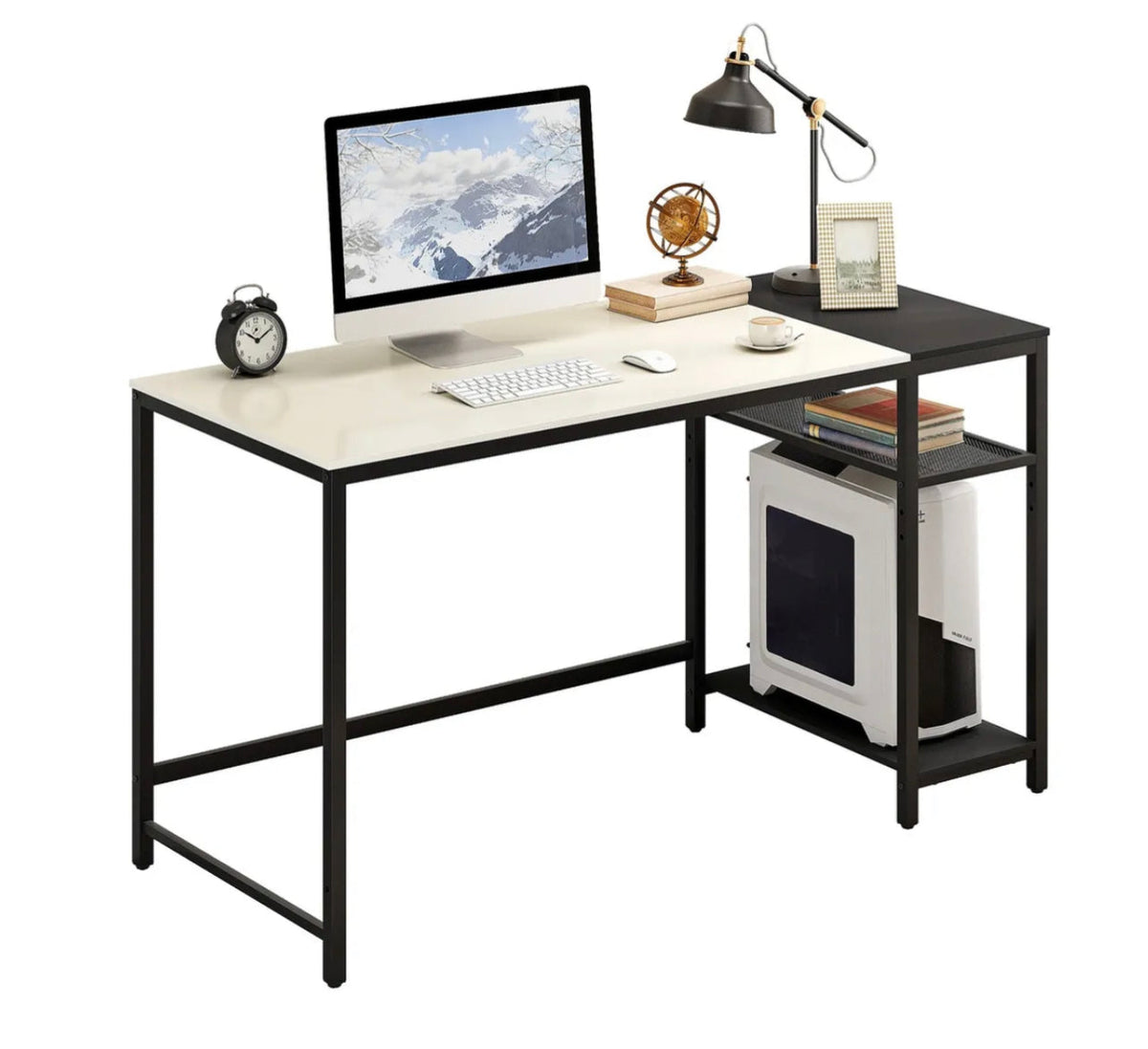 Computer Desk with 2-Tier Shelves – White & Black