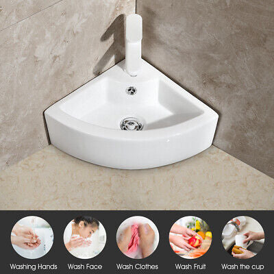 White Corner Ceramic Countertop Basin with Pop-Up Waste
