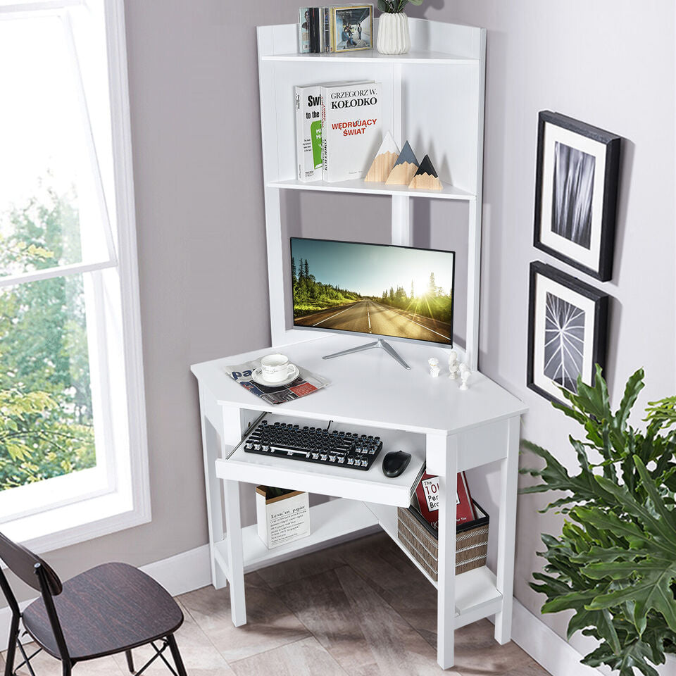 White Corner Computer Desk with Hutch & Keyboard Tray
