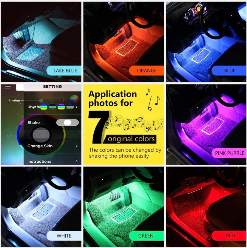 Car LED Strip Lights, 4pcs 48 LED Bluetooth App Controller Interior Lights Multi Color Music Car Strip Light Under Dash Lighting Kit with Sound Active Function for iPhone Android Smart Phone