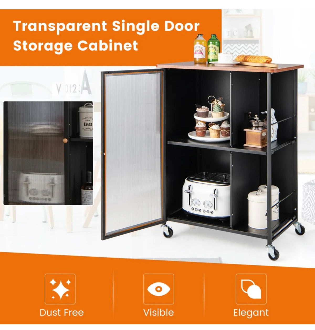 Rolling Kitchen & Coffee Cart with Cabinet