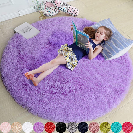 Round Rug for Bedroom, Fluffy Circle Rug 5'X5' for Kids Room,Furry Carpet for Teen Room,Shaggy Circular Rug for Nursery Room,Fuzzy Plush Rug for Dorm,Cute Room Decor for Baby