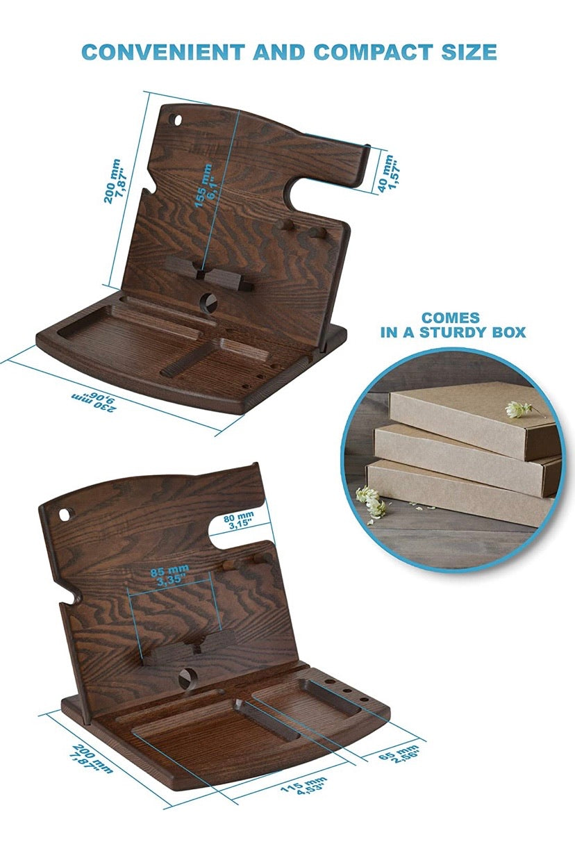 Wood Phone Docking Station Natural Ash Hooks Key Holder Wallet Watch Stand Watch Organizer Men Gift Husband Wife Anniversary Dad Birthday Nightstand Father Graduation Male Travel Idea Gadgets Solid