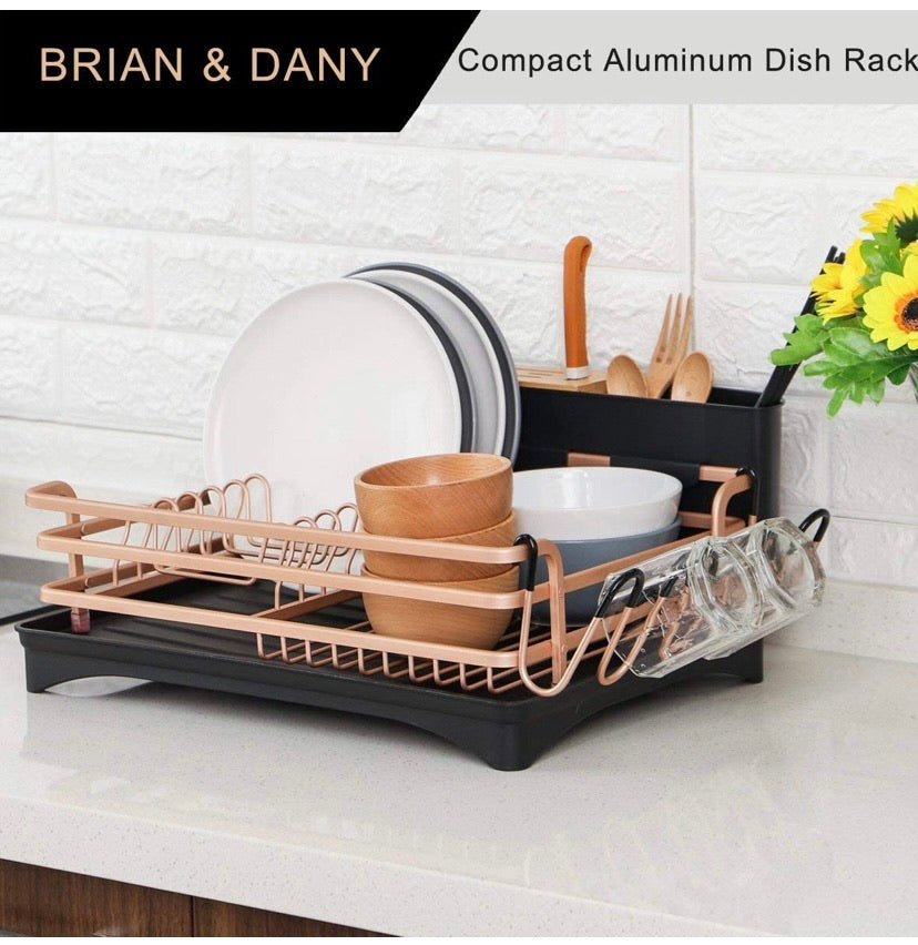 Aluminium Dish Drying Rack, Never Rust Dish Rack with Removable Cutlery Holder &amp;Cup Holder (Rose Gold)