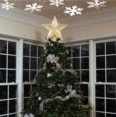 Christmas Tree Topper Lighted Star [Gold],3D Hollow Sparkling Star Christmas Tree Topper with Rotating Magic Cool White Snowflake Projector for Christmas Tree Ornament (Gold)