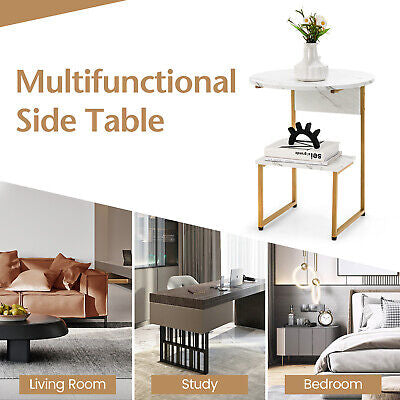 2-Tier Round Wooden Side Table with Metal Frame