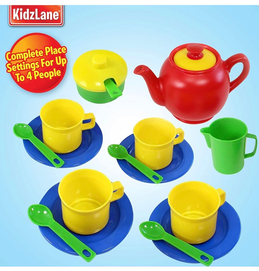 Kidzlane Play Tea Set 15+ Durable Plastic Pieces Safe and BPA Free for Children's Tea Party and Fun