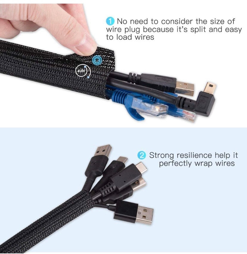 Cable Management Sleeve 3M, AGPTEK Cord Management System for Desk PC TV Computer Projector Wires Protection and Organization, Home, Theatre and Office, Prevent Cat from Chewing Cords, Black