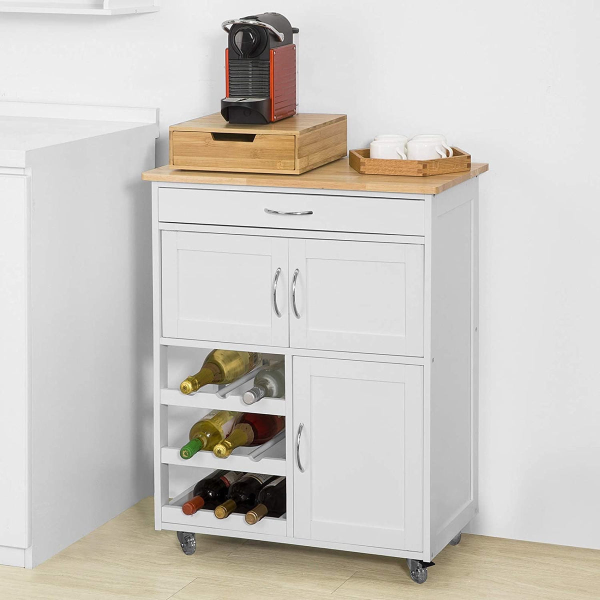 Kitchen Trolley with 2 Cupboards & 3-Bottle Wine Rack