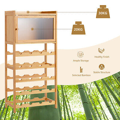 20-Bottle Wine Rack Cabinet Bamboo Display Shelf w/ Glass Holder Kitchen