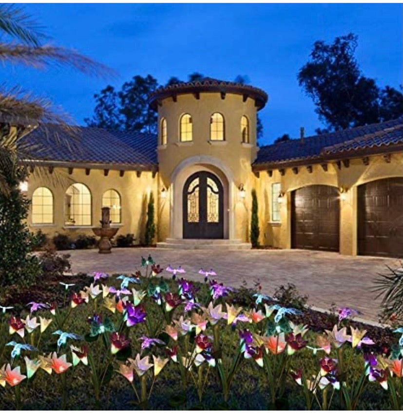 2 PCS Solar Garden Lights Outdoor, Garden Decor with 6 Lily Flower and Butterflies Combination Decorative Lights Multi-Color Changing LED Solar Stake Lights for Path, Yard, Yard Art, Yard Decorations.