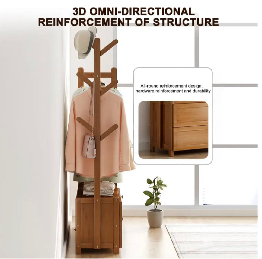 Solid Wood Coat Rack Stand Clothes Hanging Rail Rack Shelf Closet Hooks Storage Shelf