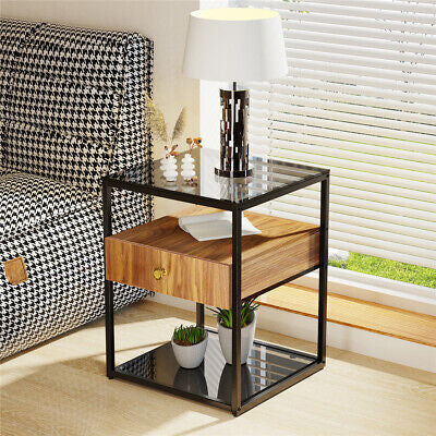 Modern Glass Bedside Table with Drawer & Lower Shelf