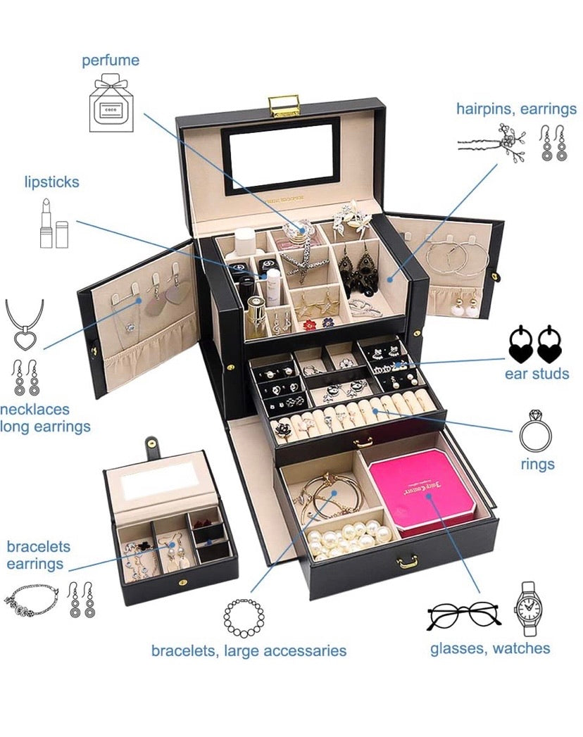 Black 3-Layer Jewellery Box with Mirror & Travel Case