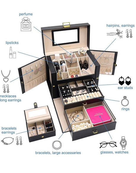 Jewelry Box, 3 Layers Jewelry Organizer with Mirror and Small Portable Case for Earrings Rings Necklaces Bracelet Storage (Black)