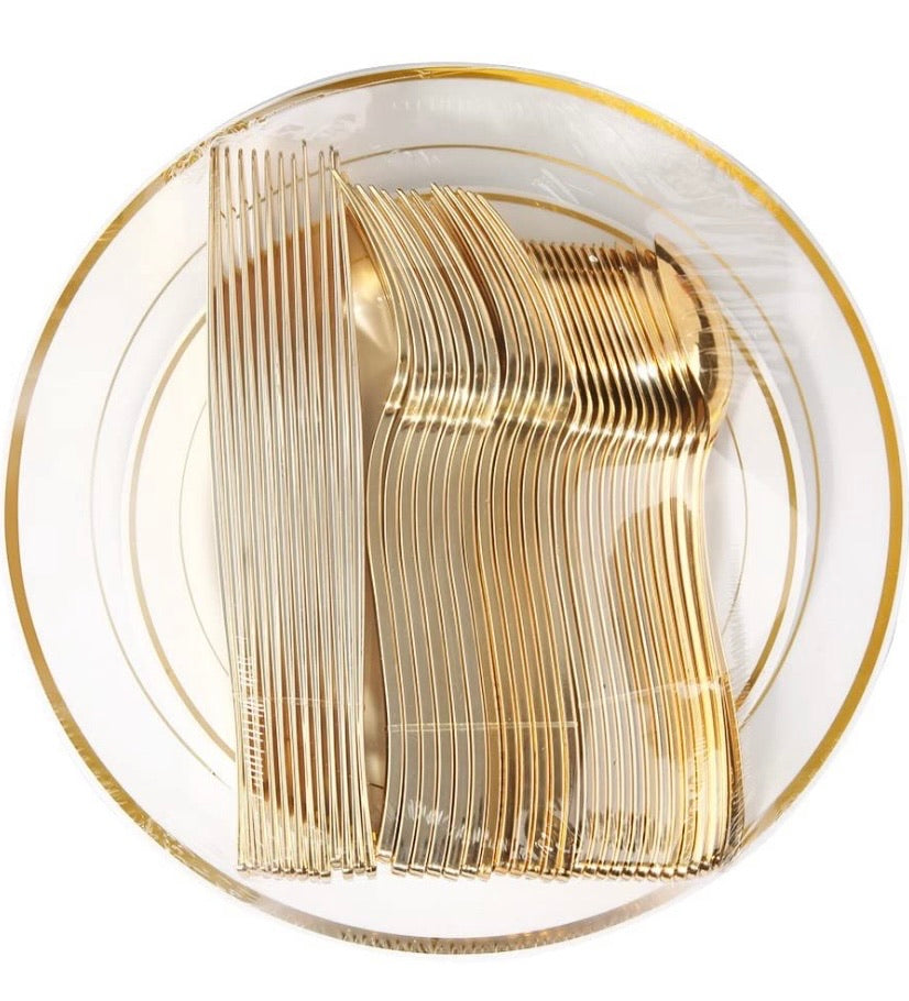 Plastic Gold Plates with Gold Plastic Silverware 60 Pcs