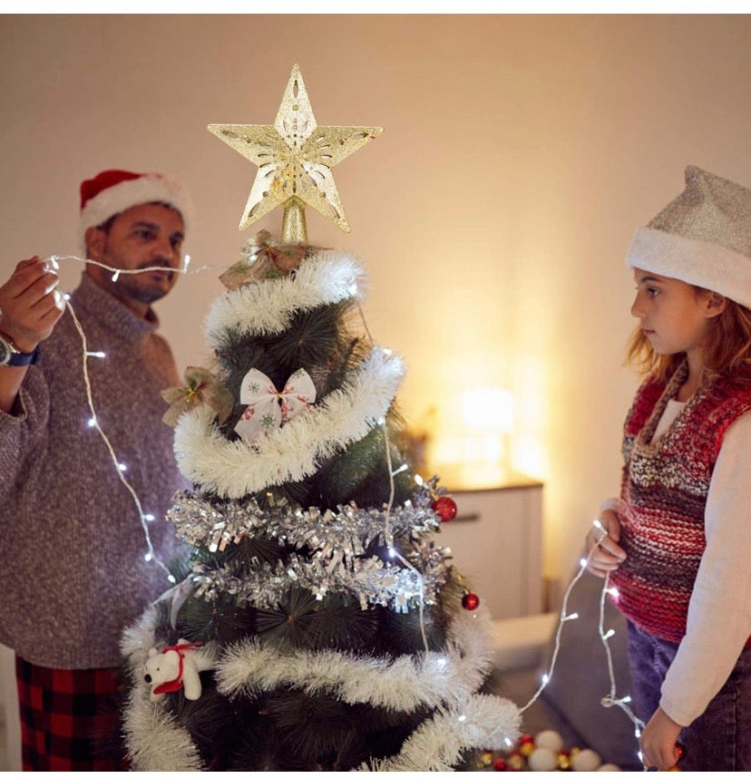 Christmas Tree Topper Lighted Star [Gold],3D Hollow Sparkling Star Christmas Tree Topper with Rotating Magic Cool White Snowflake Projector for Christmas Tree Ornament (Gold)