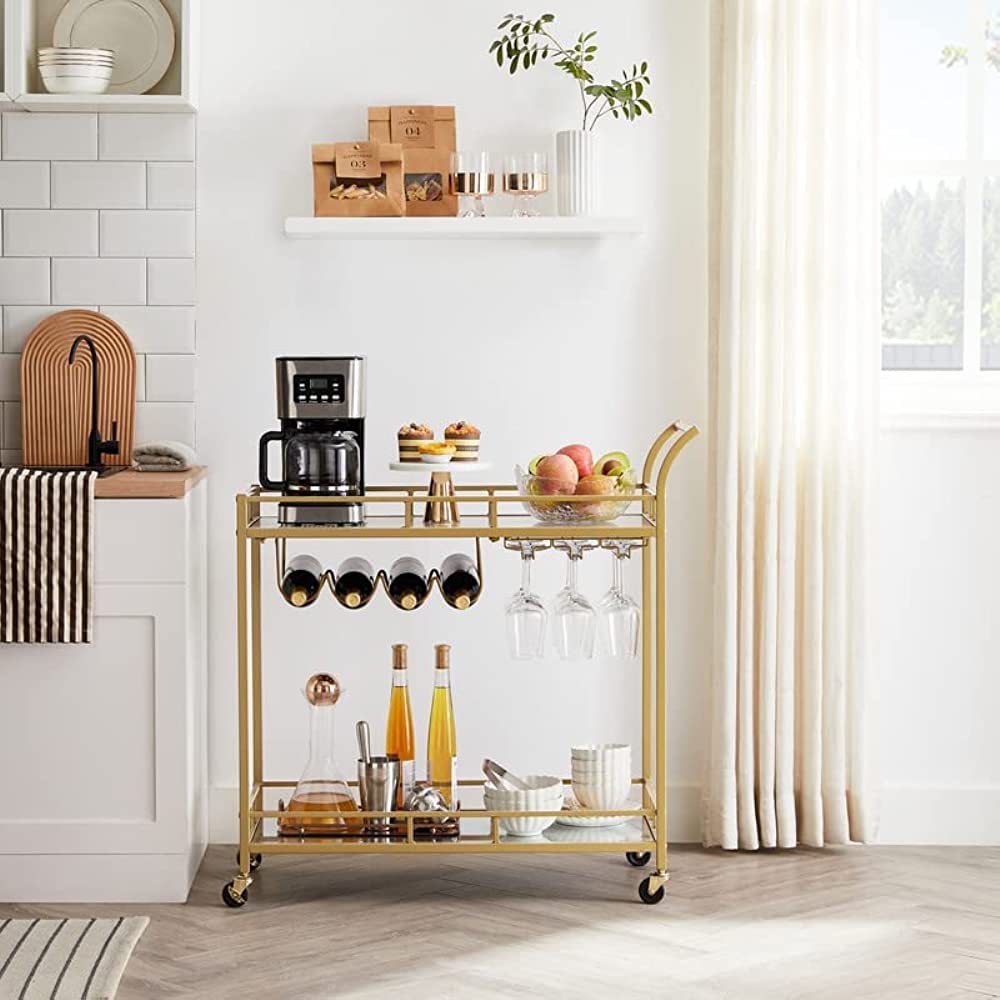 2-Tier Gold Bar Cart with Mirrored Shelves