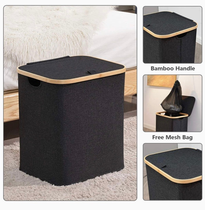 62L Collapsible Laundry Hamper with Lid & Removable Liner – Black