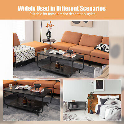2-Tier Faux-Marble Coffee Table with Metal Frame