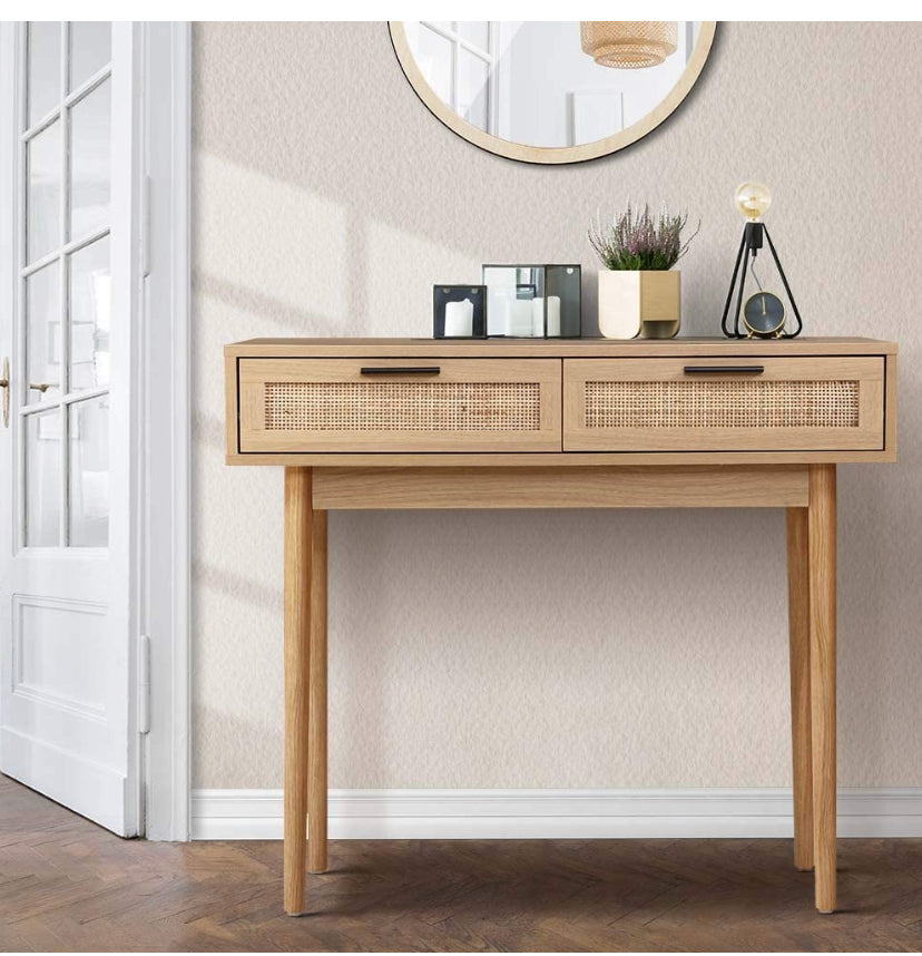 Artiss Timber & Rattan Console Table with Drawers