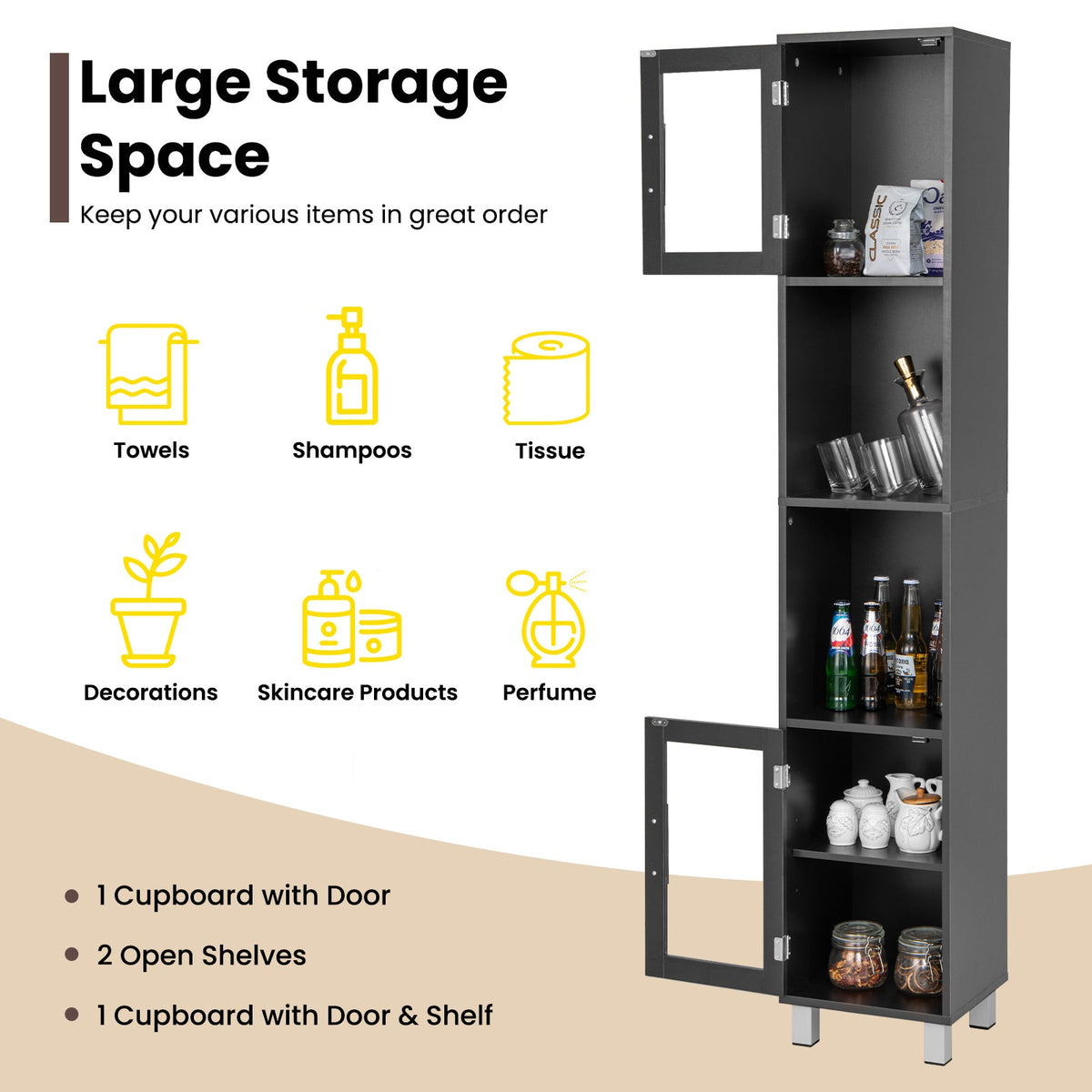 180 cm Five-Tier Tall Storage Cabinet with Glass Doors