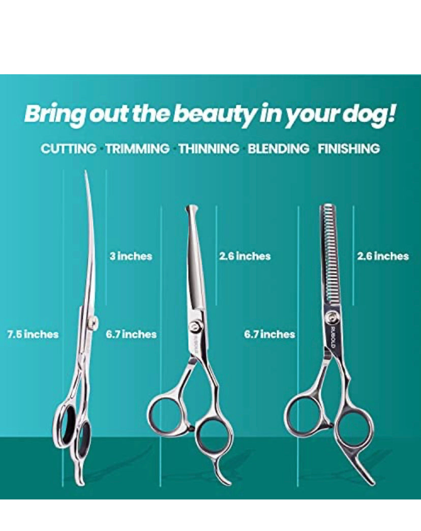 Professional Dog Grooming Scissors Set - Stainless Steel Rounded Tip Sharp Durable Shears with Pet Grooming Comb in Kit - Best Tools for Trimming Every Dog and Cat - Salon Cut