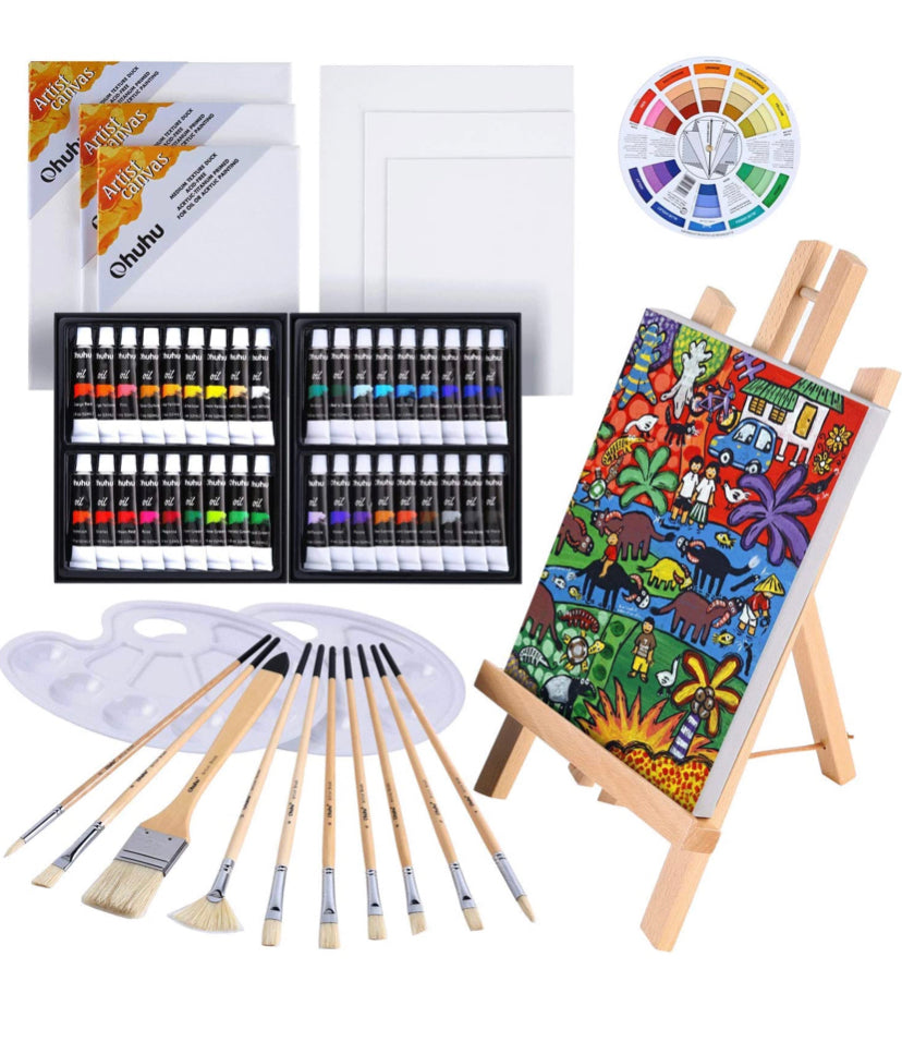 Oil Painting Set, Ohuhu 56pcs Artist Painting Set with Table Top Easel, Bristle Art Painting Brushes, Oil Paints Tubes, Canvas, Canvas Panels, Paint Palette, Art Supplies for Artist Students School