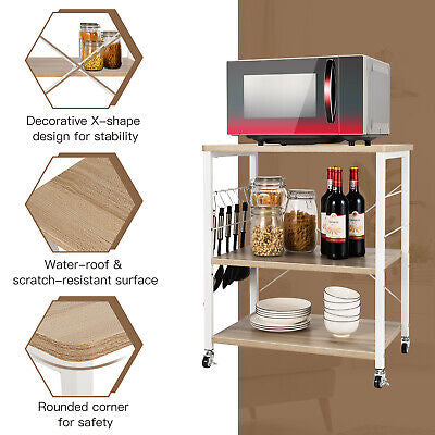 3-Tier Rolling Kitchen Storage Trolley with Hooks
