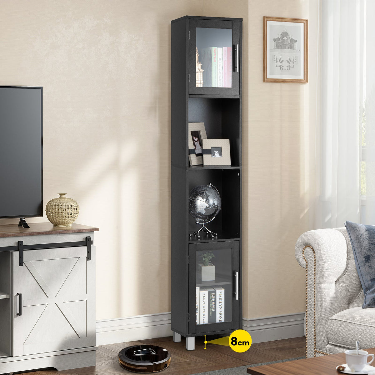 180 cm Five-Tier Tall Storage Cabinet with Glass Doors
