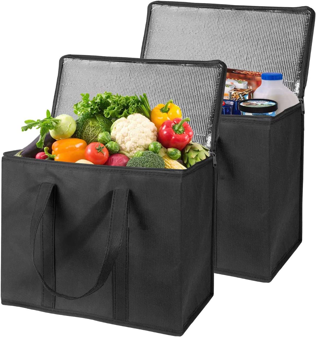 Set of 2 XL Insulated Grocery Bags with Zipper Closure Heavy Duty Foldable Insulated Shopping Bags for Groceries & Reusable Zipper Insulated Bag for Cold/Hot Shopping & Frozen Food Transport Delivery