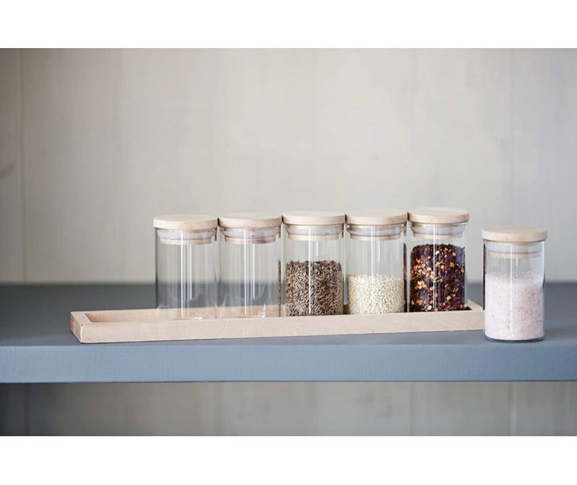6-Piece 100ml Glass Spice Jar Set with Birch-Wood Base