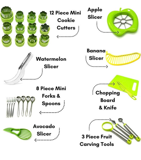 Vegetable Fruit Cutter Shapes Carving Tools Set - 29 pieces - 12 Cute Mini Cookie Cutting Stamps Moulds Flower Heart Star, Melon Baller, Watermelon Cutter, Apple Slicer – Create Fun Food Decoration for Kids Parties