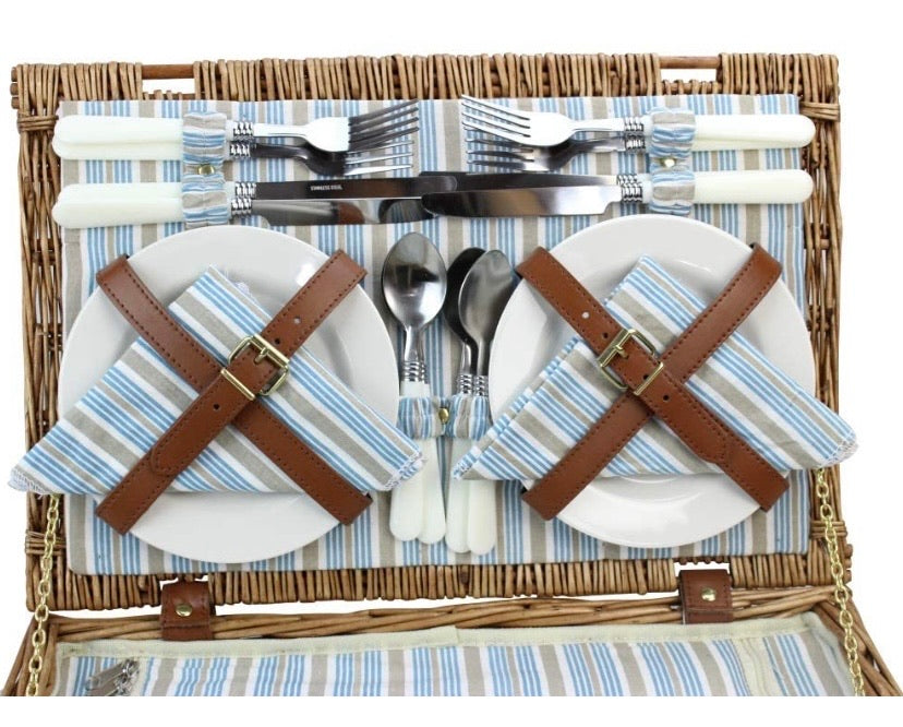 Picnic Basket Set for 4 Persons | Large Willow Hamper with Large Insulated Cooler Compartment, Free Waterproof Blanket and Cutlery Service Kit-Classical Brown