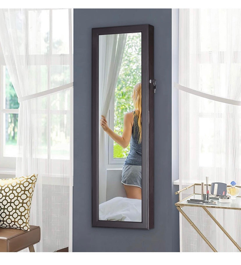 Luxfurni LED Light Jewelry Cabinet Wall-Mount/Door-Hanging Mirror Makeup Lockable Armoire, Large Storage Organizer w/Drawers