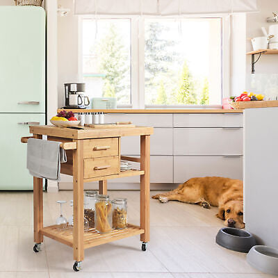 Bamboo Rolling Kitchen Island with 2 Drawers