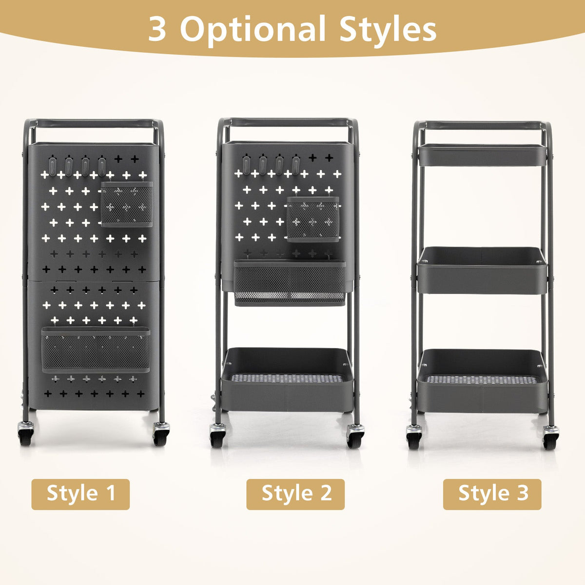 3-Tier Pegboard Rolling Storage Cart