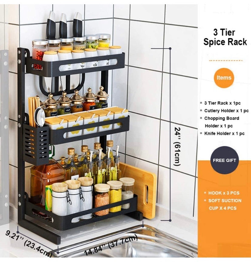 Countertop Spice Rack Set, Stainless Steel Kitchen Cabinet Shelf Organizer, Easy Removable Storage Rack with Knife Holder, Cutting Board Holder and Cutlery Holder, Matte Black (3 Tier)