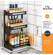 Countertop Spice Rack Set, Stainless Steel Kitchen Cabinet Shelf Organizer, Easy Removable Storage Rack with Knife Holder, Cutting Board Holder and Cutlery Holder, Matte Black (3 Tier)