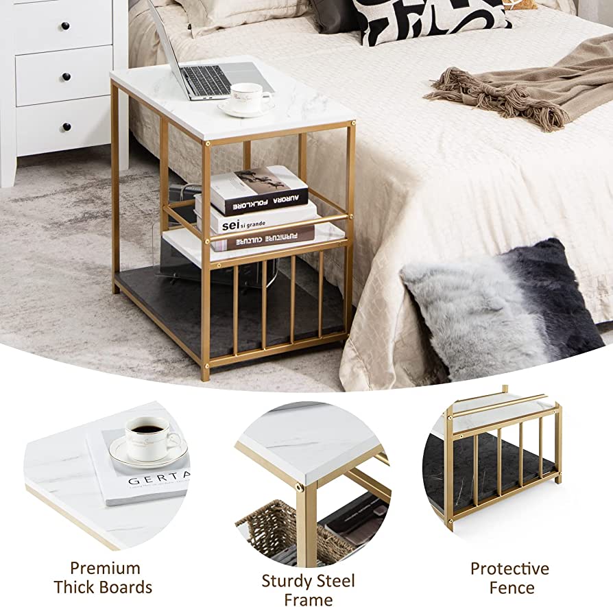 3-Tier Faux-Marble Sofa Side Table